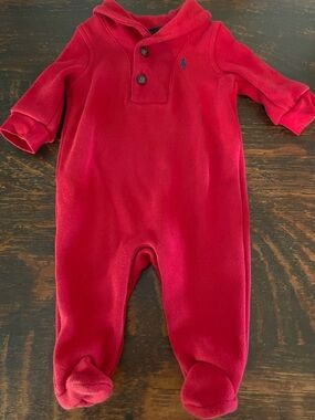POLO RALPH LAUREN Baby 6 Months Red Hooded Footed Onesie